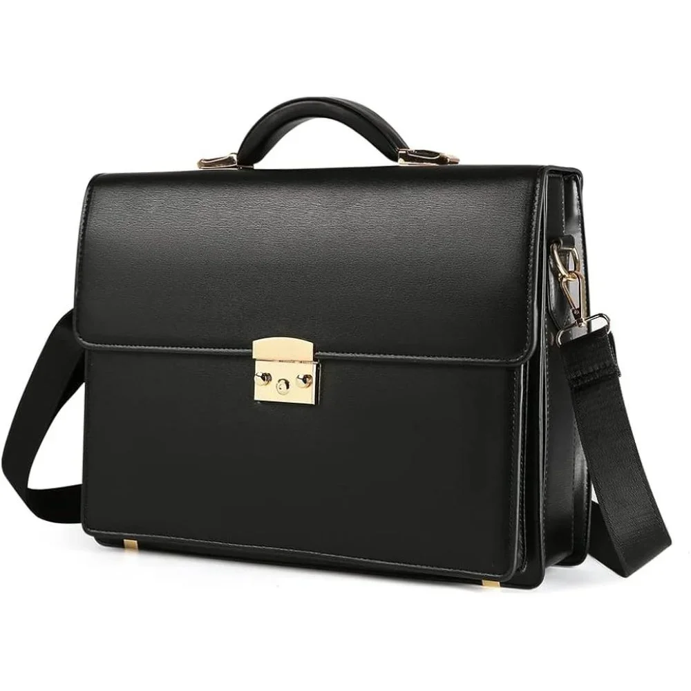 Men's Black Leather Locking Briefcases Laptop Bag